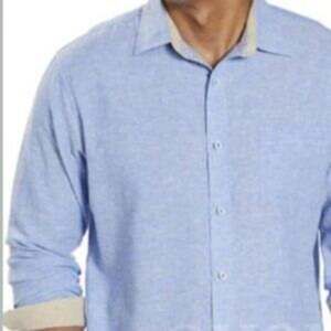 Age Of Wisdom Blue Natural Casual Linen Cotton Button Up Shirt Size M